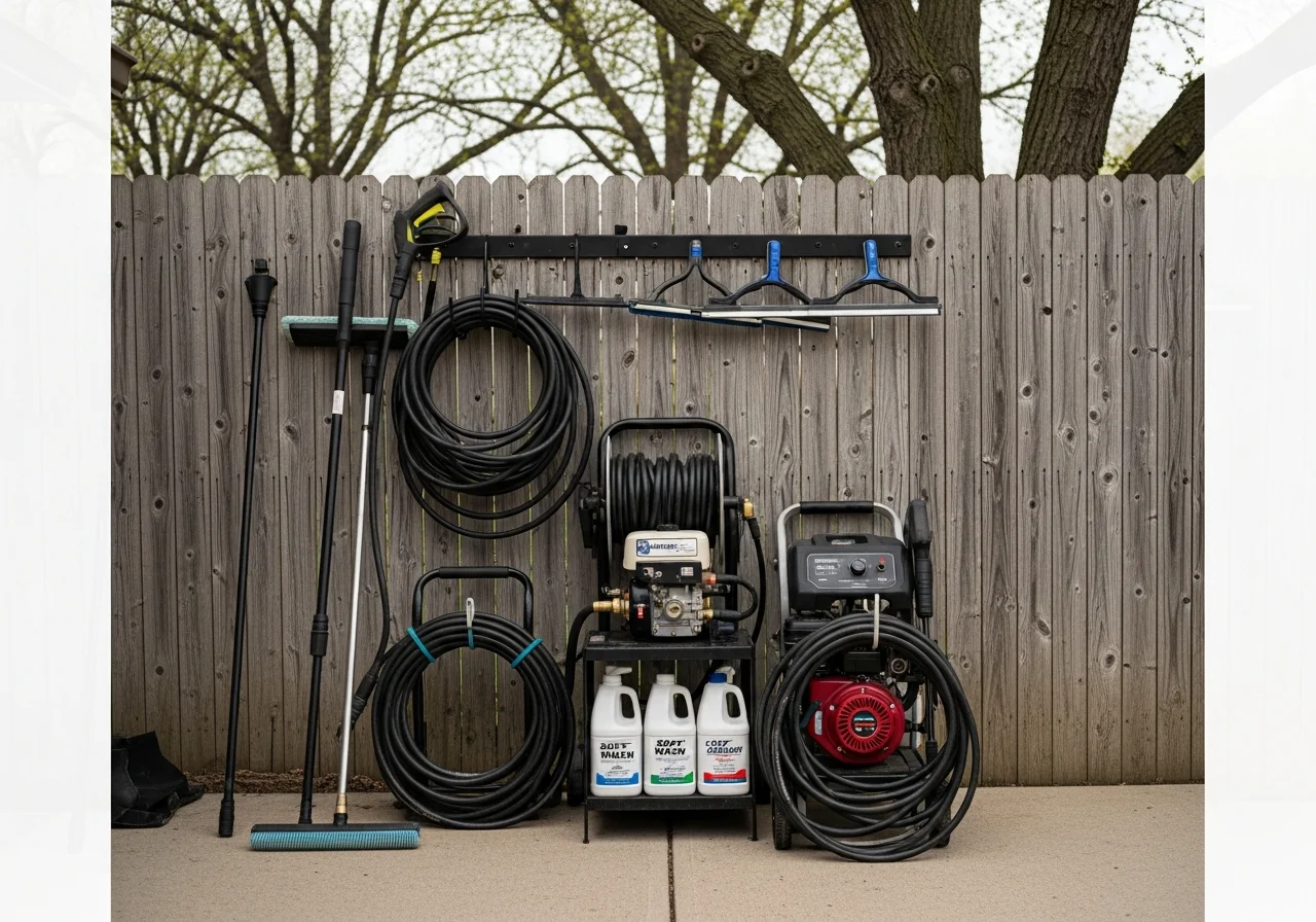 Professional cleaning crew with soft washing equipment and pressure washing tools ready for residential service.