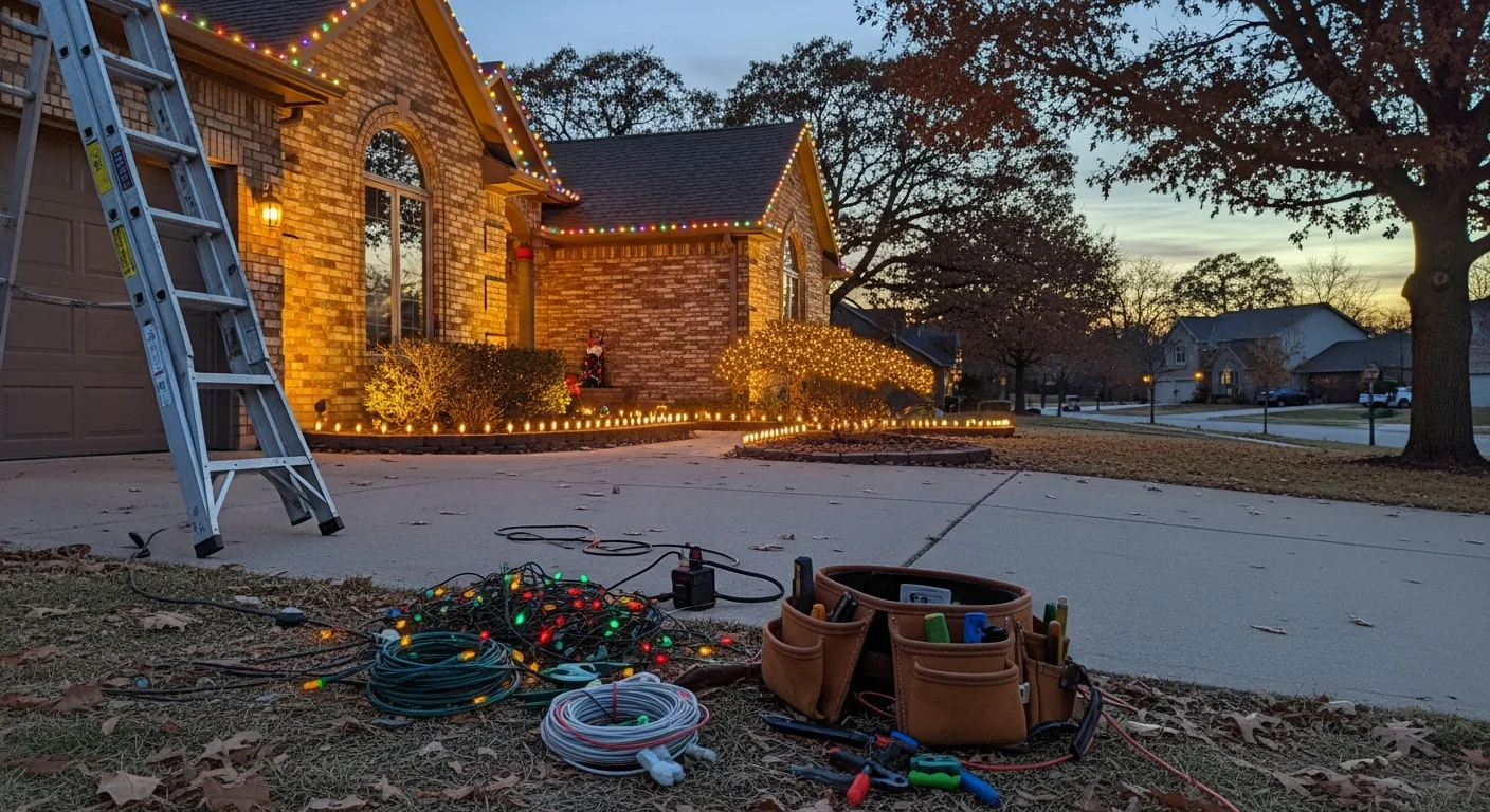 Professional holiday lighting installation on residential home exterior