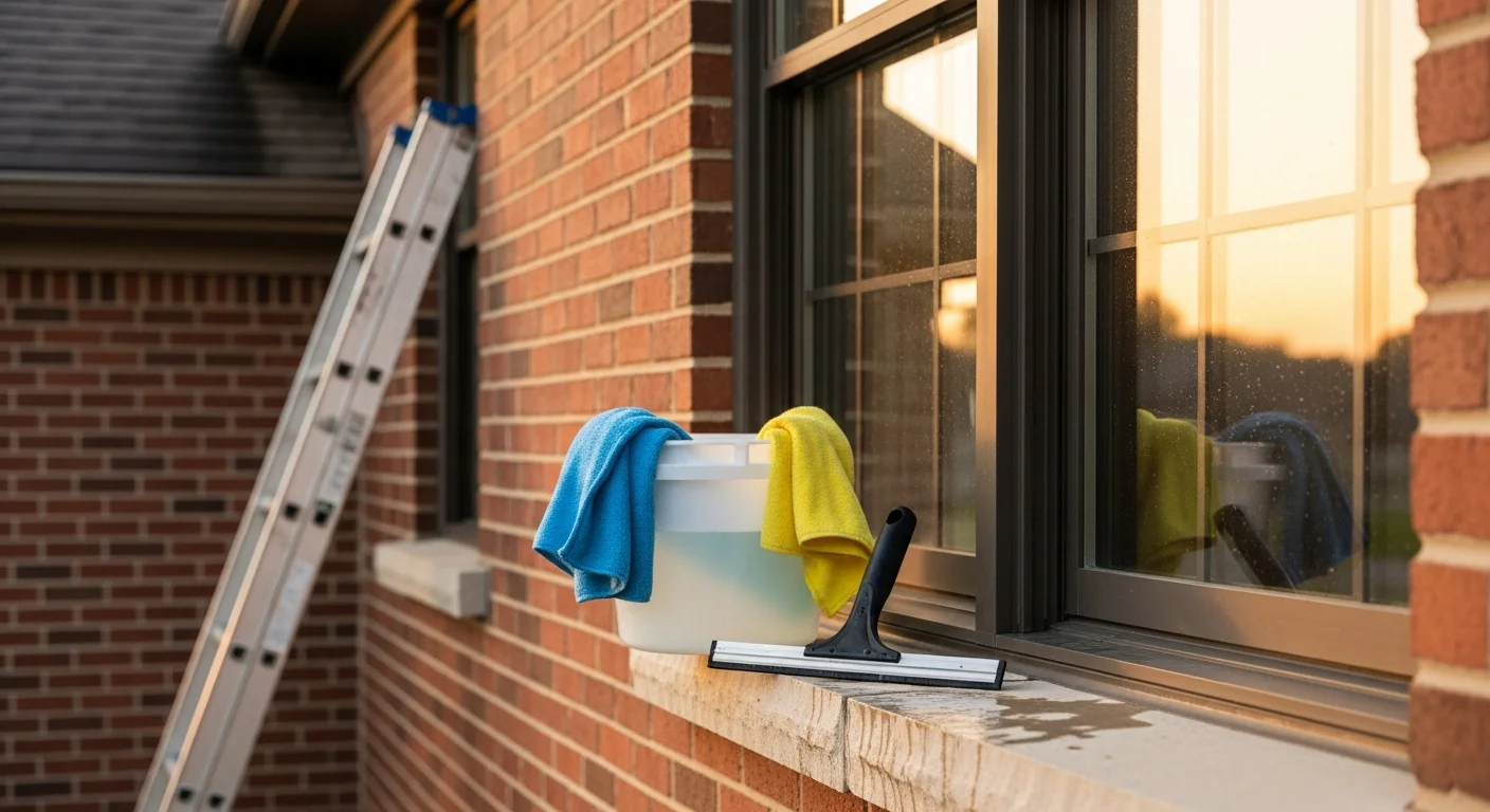 Professional window cleaner working on residential home windows