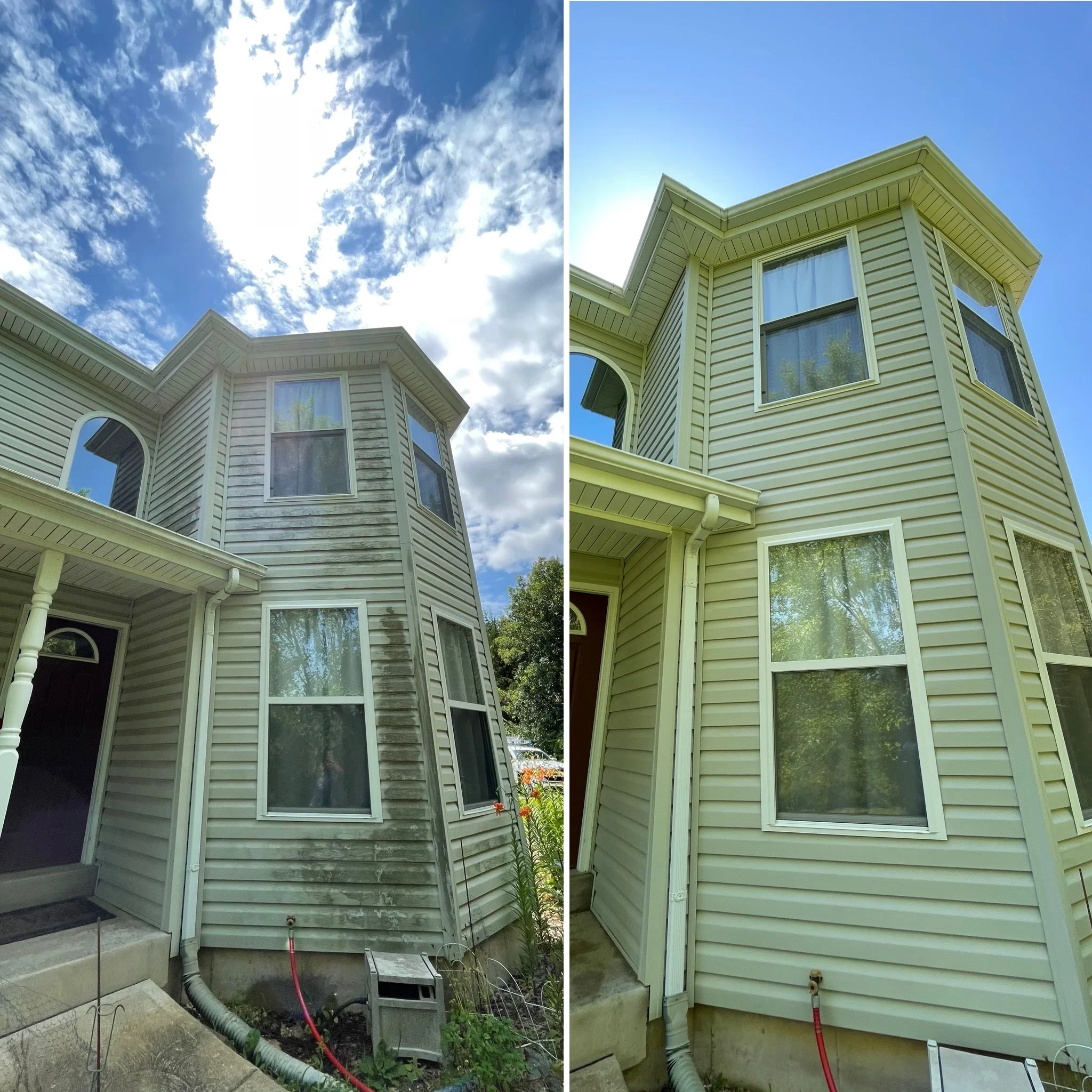 Two-story home exterior before and after soft wash cleaning, showing restored vinyl siding and windows