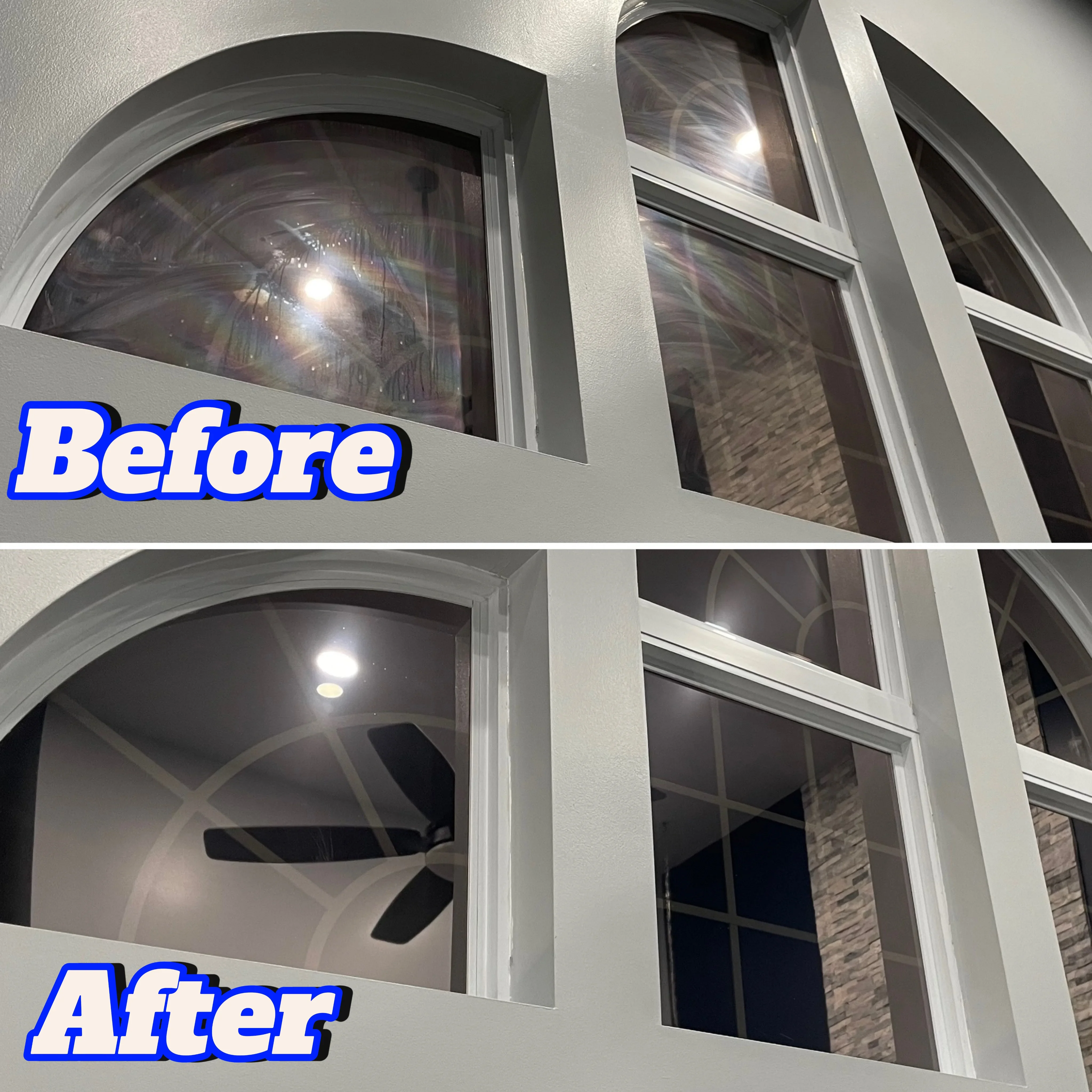Before and after window cleaning showing curved transom and multi-pane windows restored to clarity