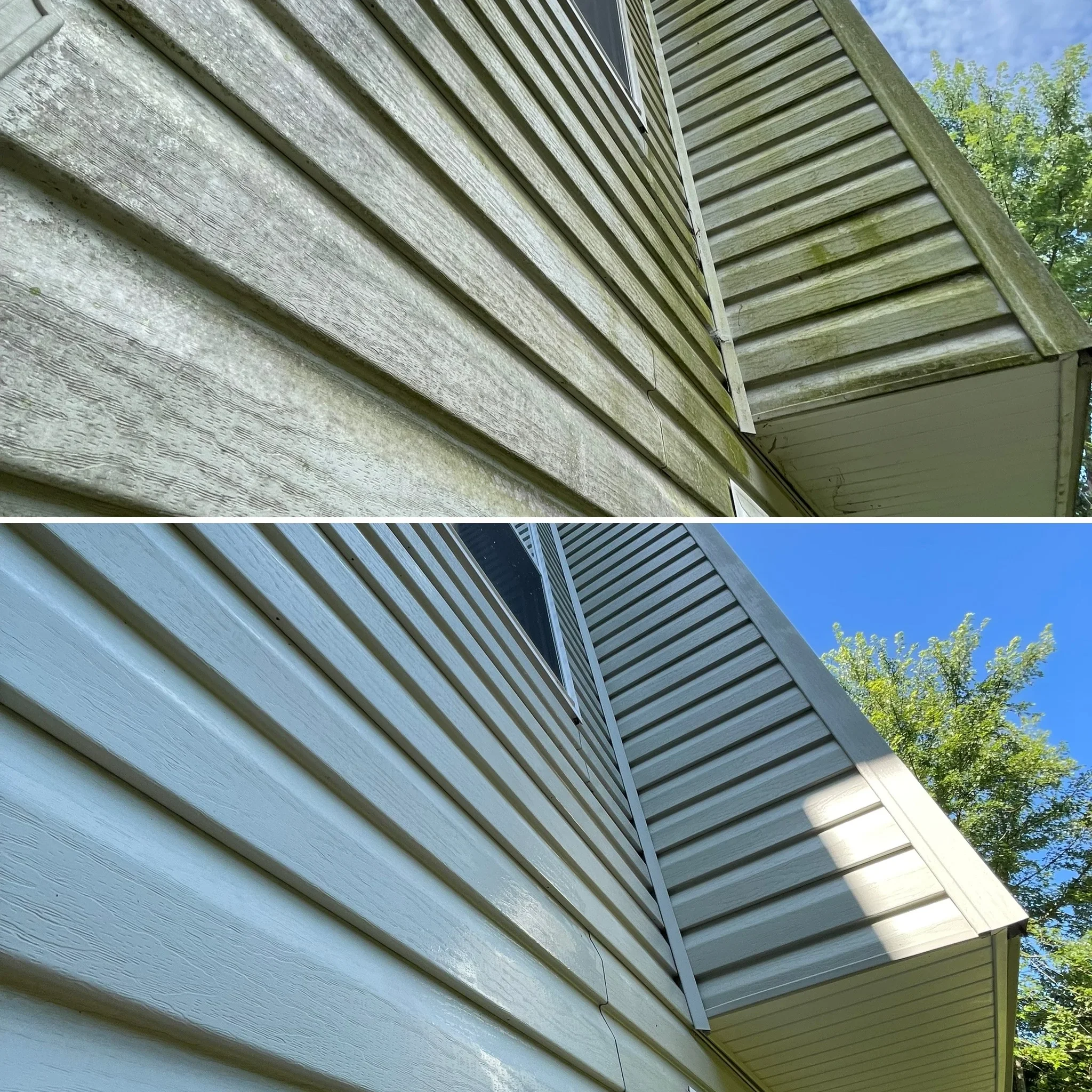 Before and after soft wash cleaning of vinyl siding and aluminum soffit on residential home