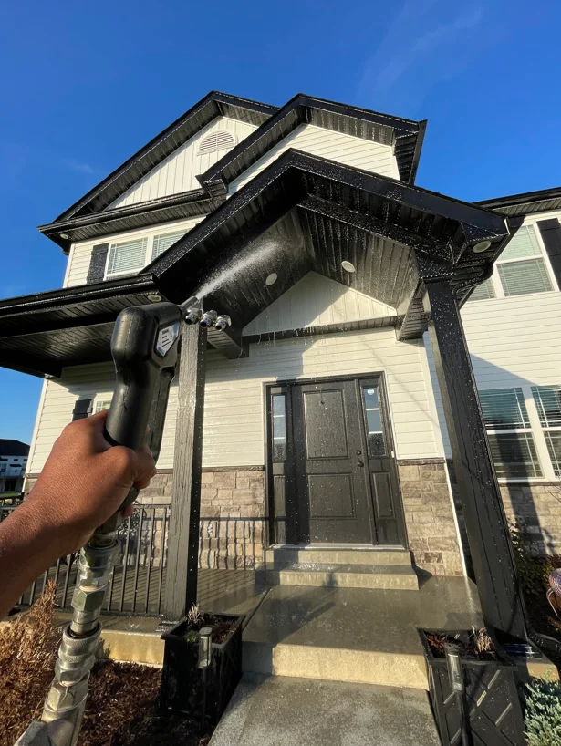 Soft washing cream and black residential home exterior with stone veneer and metal pergola