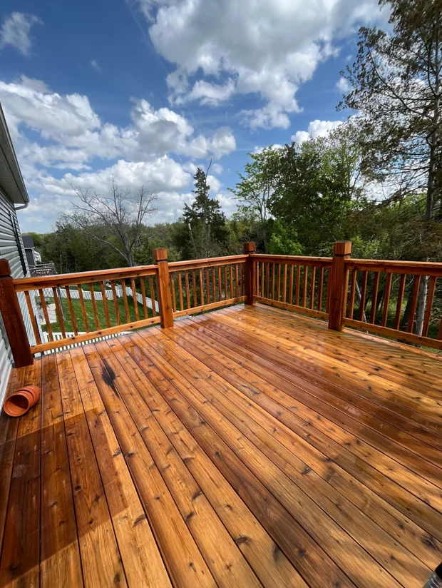 Clean wooden deck with railings and forest view after pressure washing