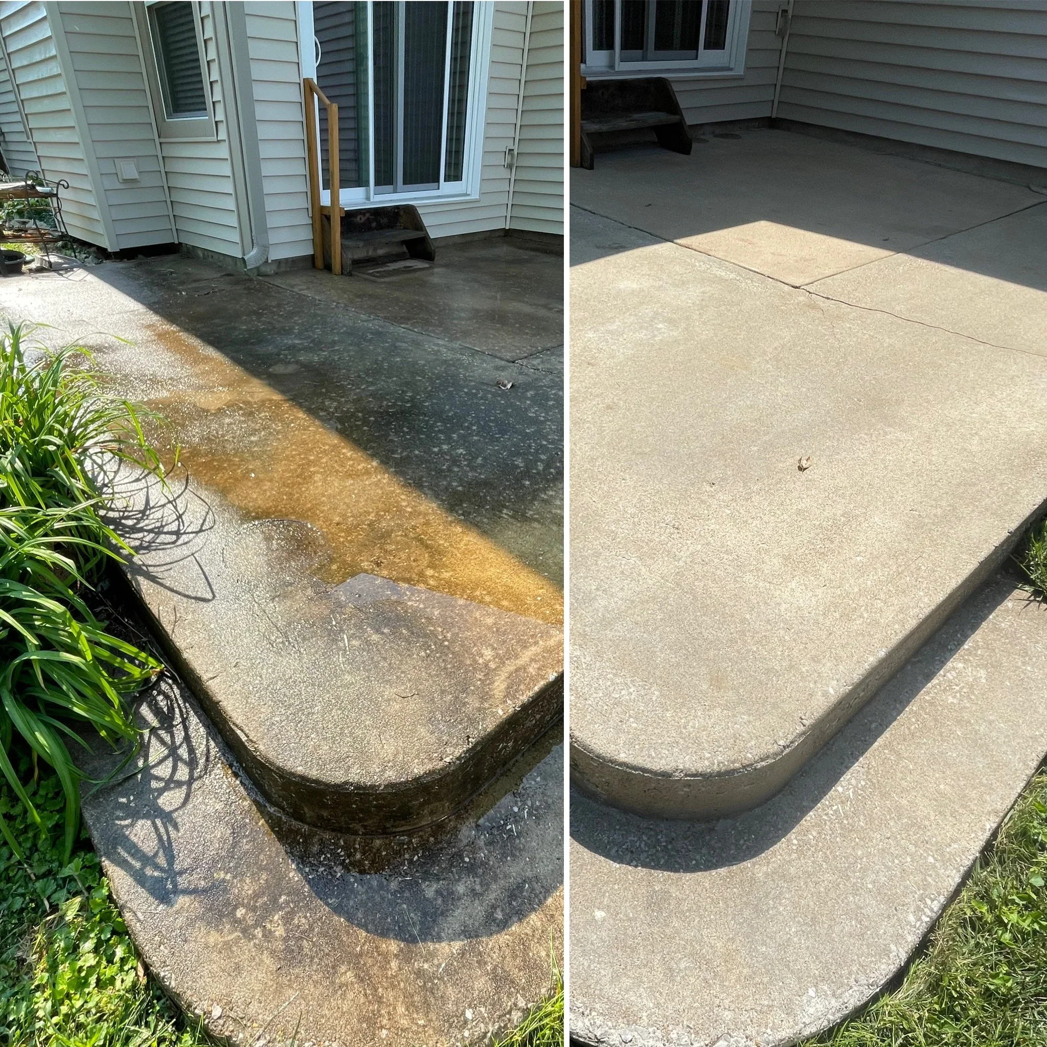 Before and after concrete patio pressure washing showing stain removal and surface restoration