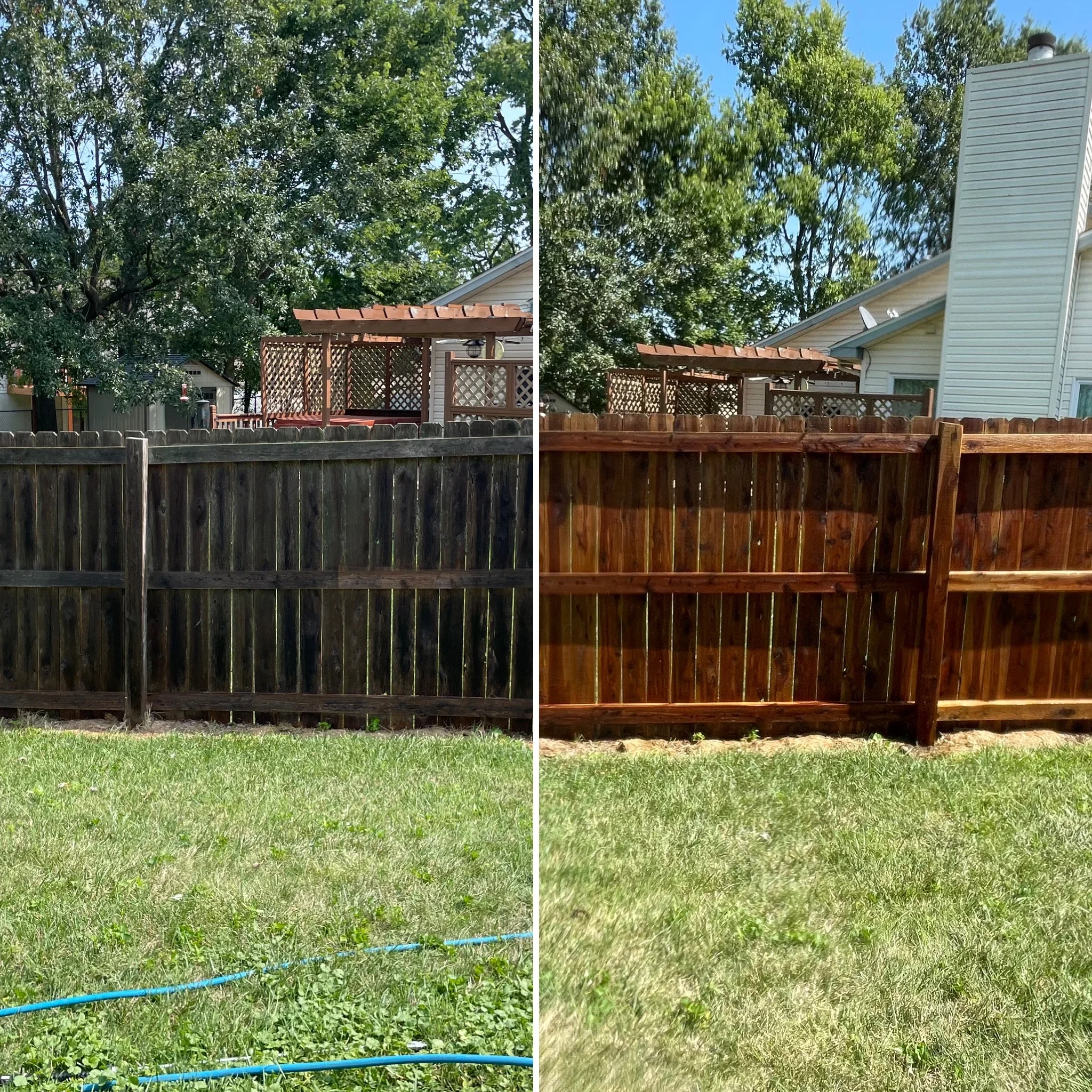 Before and after wooden fence pressure washing showing darkened weathered wood restored to natural cedar color