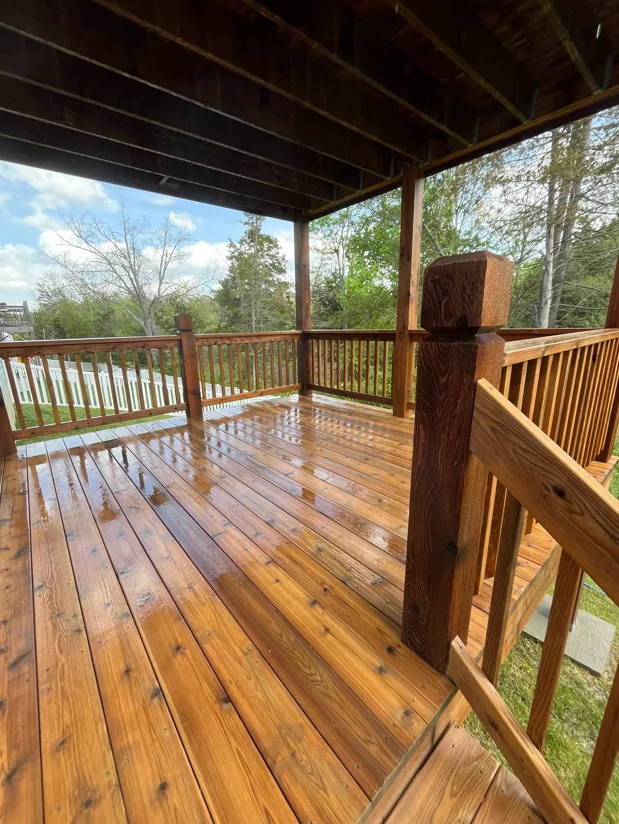 Freshly cleaned wooden deck with railings under covered structure, wet boards showing restored wood finish