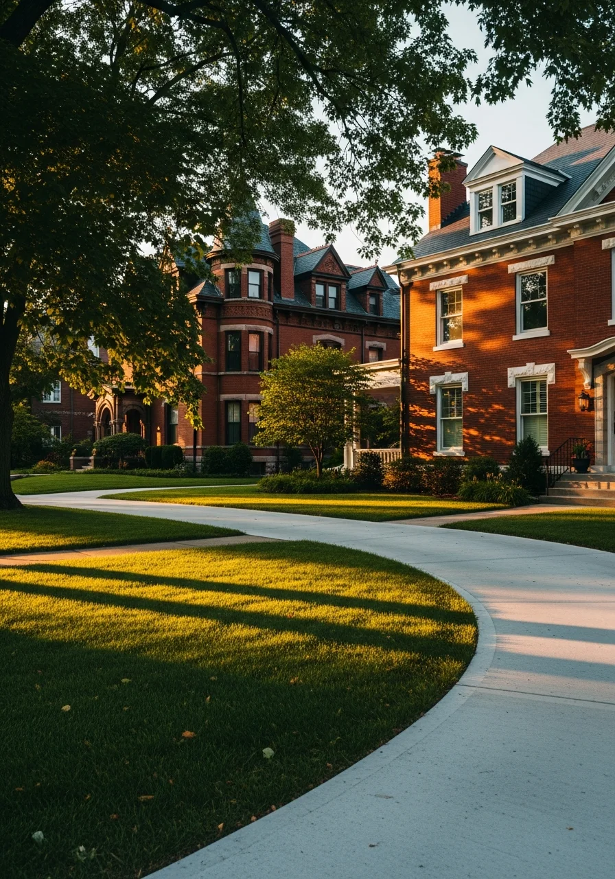 Typical St. Louis residential street showing diverse home styles and mature trees.