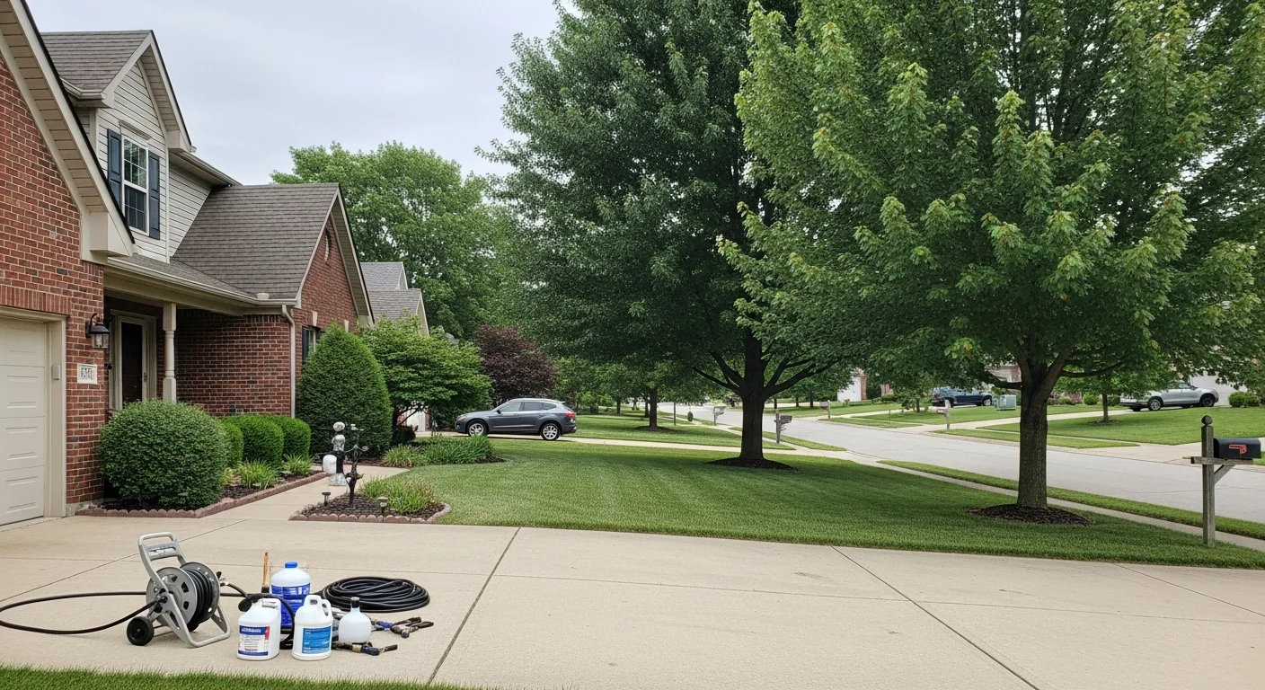 Residential street in Wentzville with mixed-age homes and mature trees lining the road.