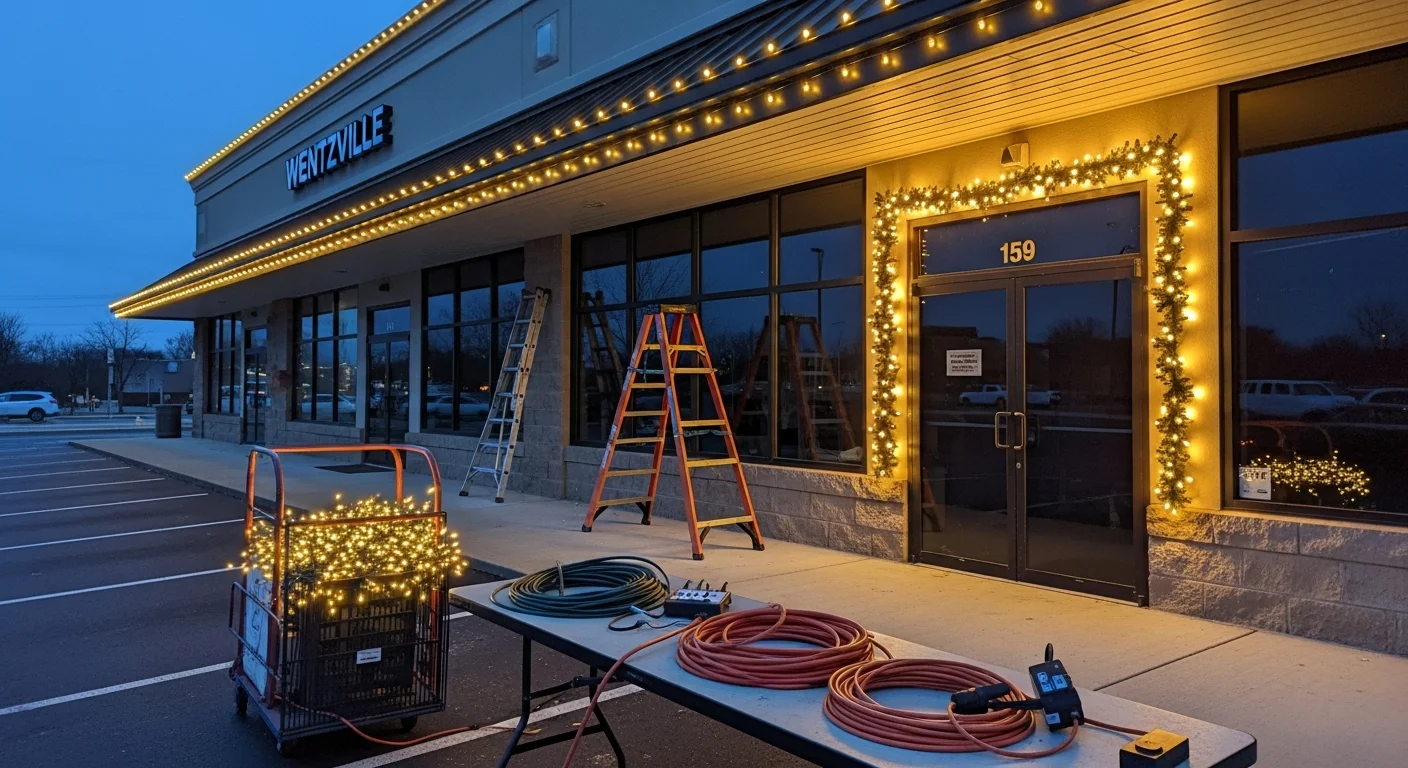 Commercial holiday lighting installed along the roofline and entryway of a retail storefront in Wentzville, MO. Warm white lights outline the building facade against a dark winter evening sky.