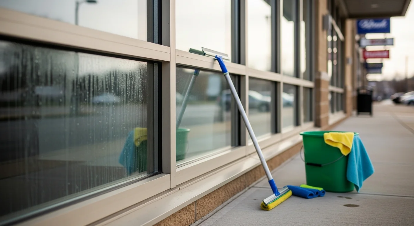 A commercial storefront in Wentzville, MO with freshly cleaned exterior glass panels reflecting clear light with no streaks or residue. A window cleaning technician works on the building facade using a water-fed pole system.