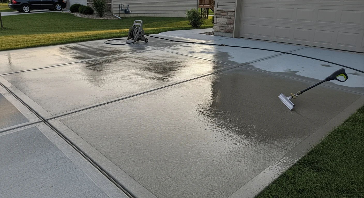 A freshly sealed residential concrete driveway in Wentzville, MO with a clean, uniform surface finish and no visible cracks or staining. A pressure washing setup is visible in the background, showing the prep work completed before sealer application.