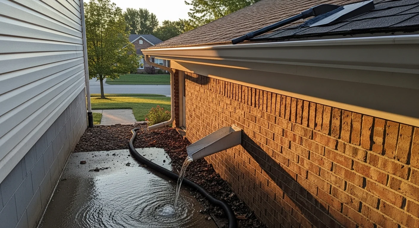 A Soft Wash Elite technician clearing packed leaves and debris from the gutters of a single-family home in Wentzville, MO. Clean downspouts flush water away from the home's foundation after service is complete.