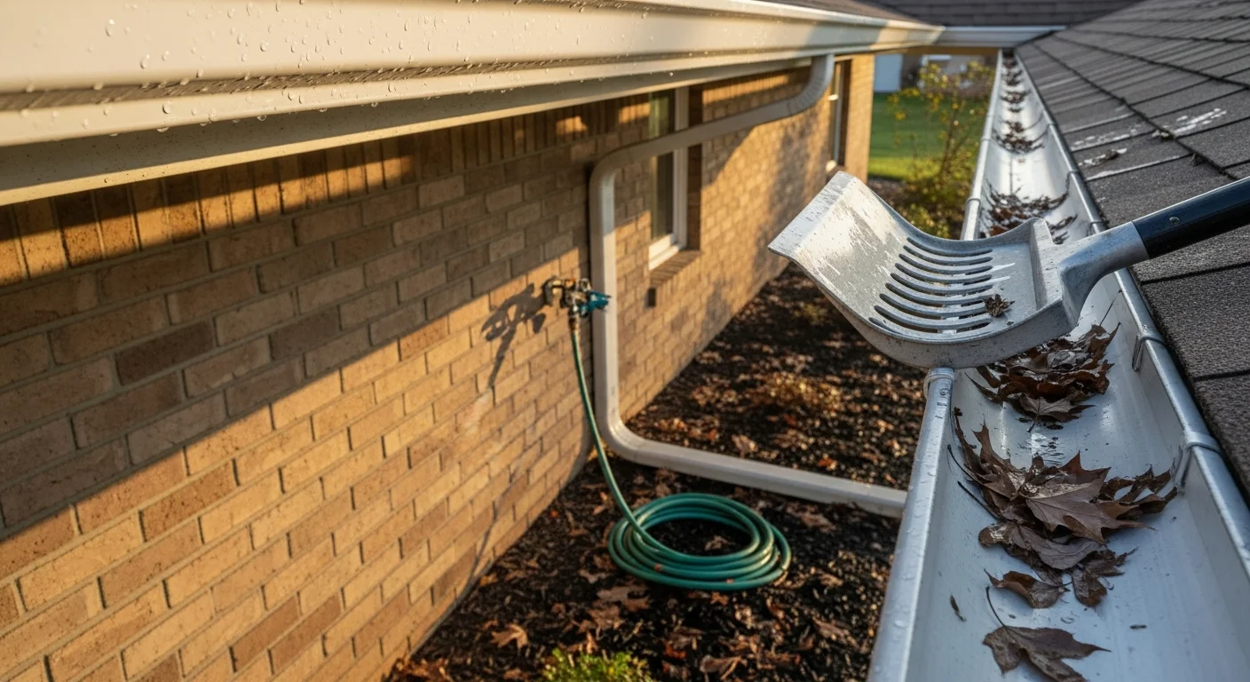 A Soft Wash Elite technician clearing leaf and storm debris from the gutters of a single-family home in Wentzville, MO. Clean downspouts and a clear drainage path are visible after the maintenance service.