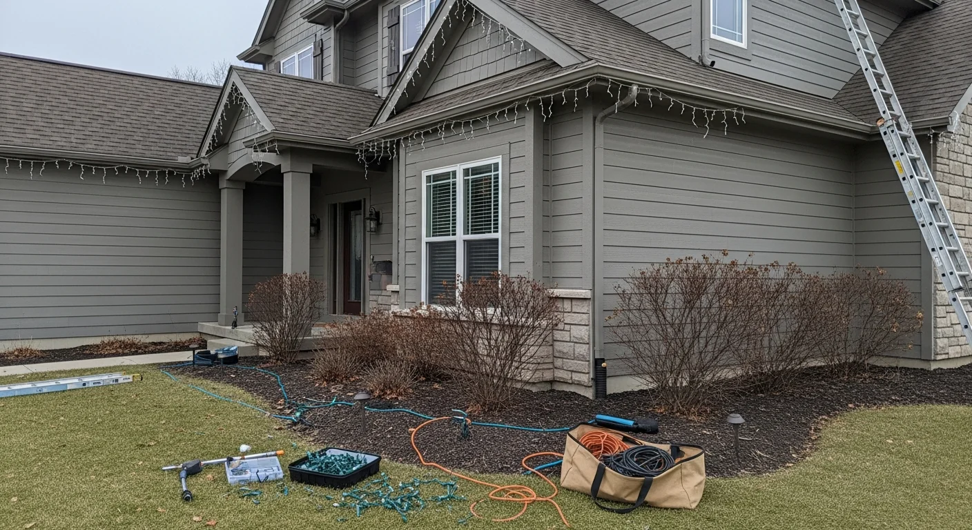 A Soft Wash Elite crew member removing holiday lights from the roofline of a two-story single-family home in Wentzville, MO. The gutters and fascia trim are clean and undamaged after full light and clip removal.