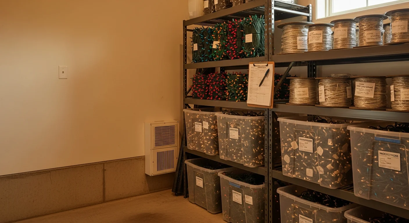 A neatly organized set of holiday light strands and labeled storage containers after professional takedown service at a Wentzville, MO home. Coiled strands are arranged tangle-free and ready for off-season storage following the end of the holiday display season.