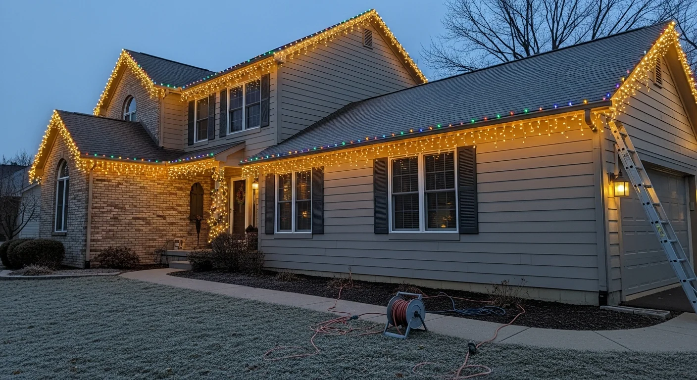 Professional holiday lighting installation on a two-story suburban home in Wentzville, MO, with white lights mounted along the roofline and gutters. The display is fully lit against a winter evening sky with clean, evenly spaced strand runs across the front facade.