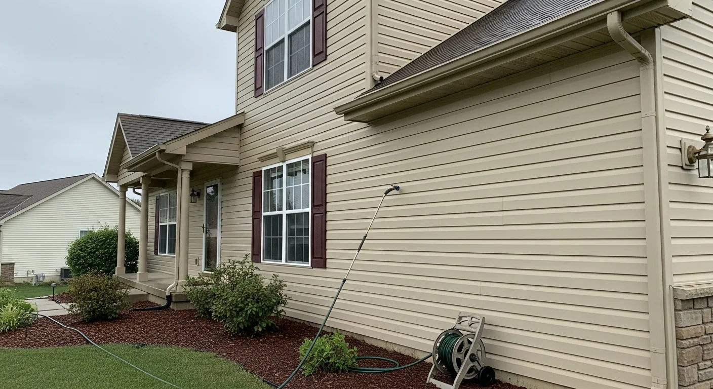 A two-story vinyl-sided home in Wentzville, Missouri with clean, algae-free siding and bright white soffits after a professional soft wash house washing service. The front exterior shows no green staining or mildew streaks on the siding panels or gutters.