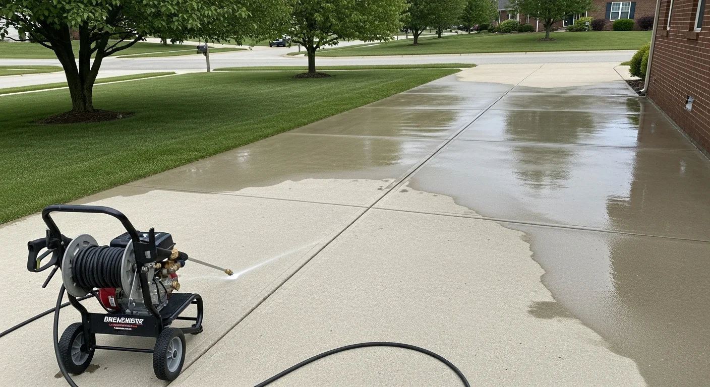 A Wentzville, MO single-family home with freshly pressure washed concrete driveway and clean siding, free of mold streaks and algae staining. The exterior shows clear contrast between the cleaned surface and the surrounding landscaping.
