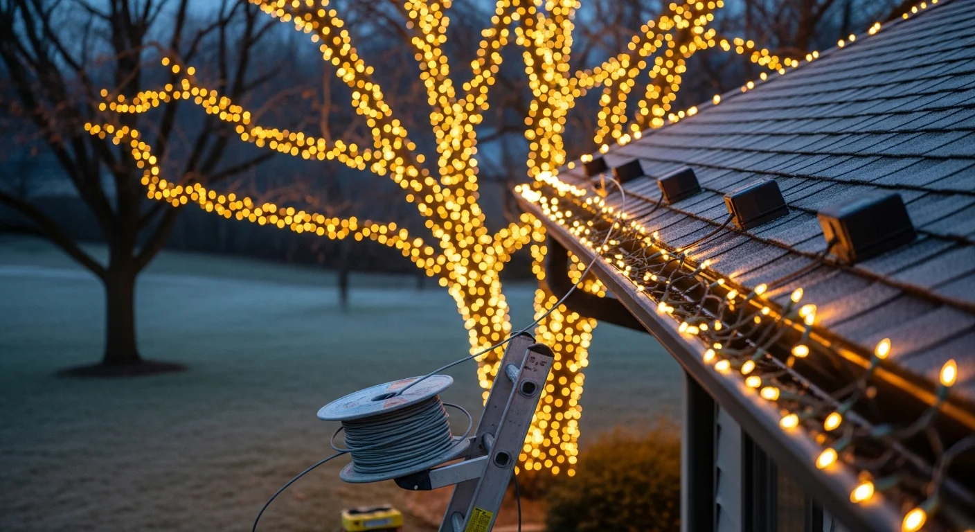A Wentzville, MO residential home with professional holiday lighting installed along the roofline, eaves, and front yard trees. Warm white and colored lights are evenly spaced and fully lit against a dark winter sky.