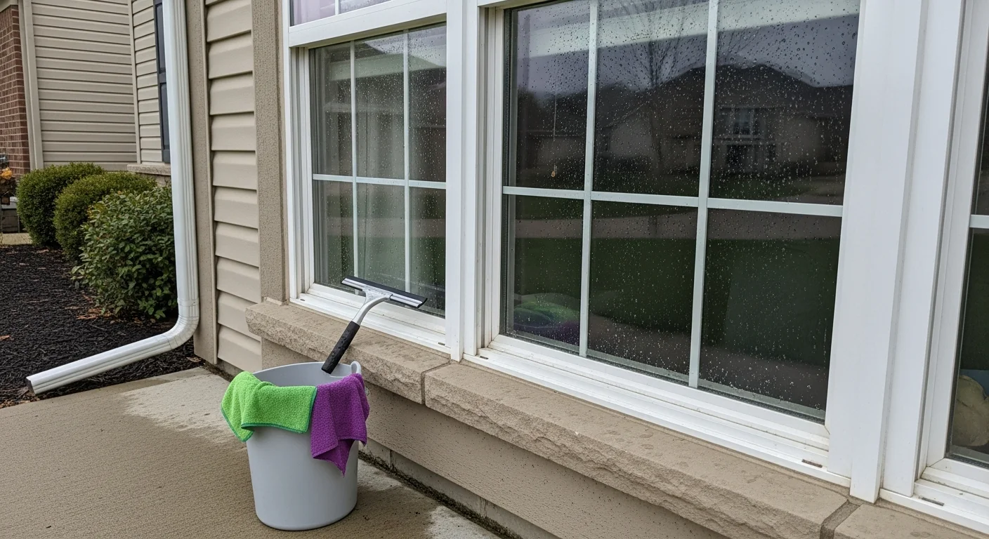 A Soft Wash Elite technician cleaning the exterior windows of a two-story residential home in Wentzville, MO. The glass reflects a clear view of the surrounding neighborhood with no streaks or visible grime on the panes.