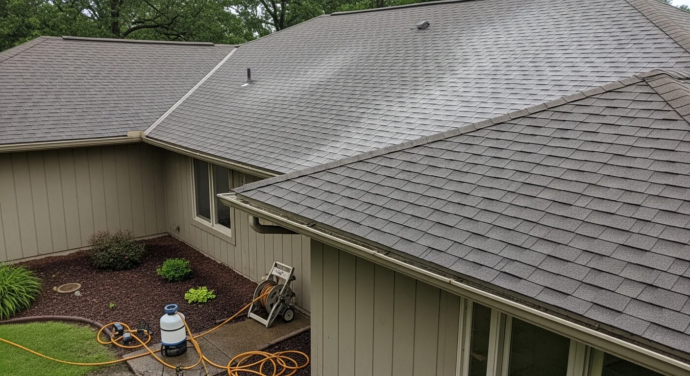 A Wentzville, MO residential roof with asphalt shingles being cleaned using a soft wash process, showing dark algae streaks and green moss growth removed from the shingle surface. The before-and-after contrast shows clean, restored shingles on a single-family home typical of the St. Charles County area.