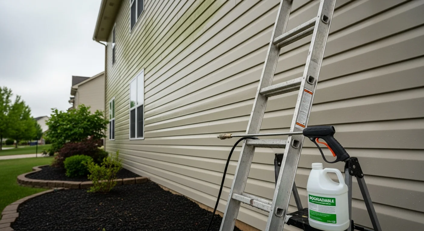 A Wentzville, MO home's siding shown before and after professional soft washing, with green algae and dark mildew streaks removed from the exterior panels. A soft wash technician applies low-pressure cleaning solution to the siding from ground level.
