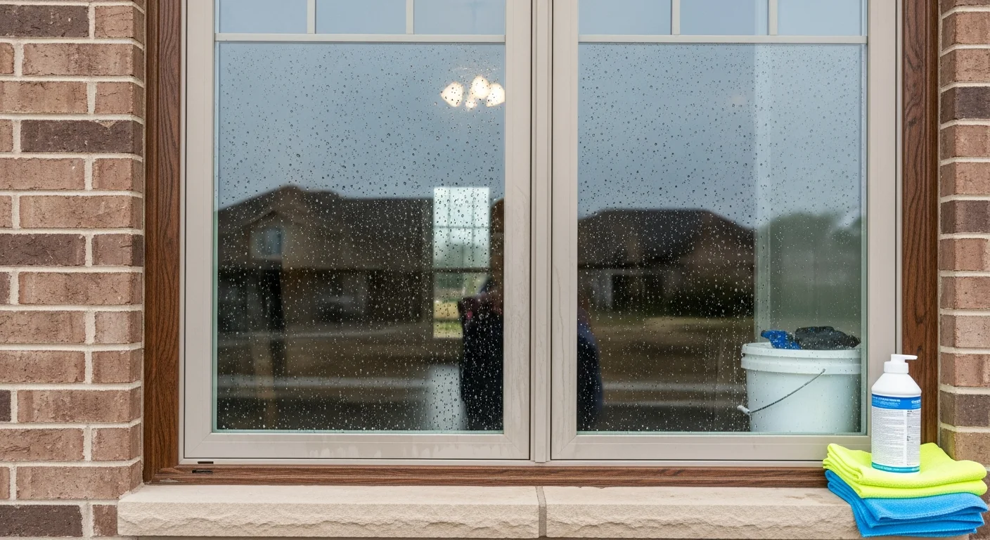 A Soft Wash Elite technician cleaning the exterior windows of a two-story residential home in Wentzville, MO. Clear, streak-free glass reflects the surrounding yard after the buildup of road film and seasonal pollen has been removed.